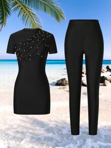 SHEIN Swim Shayni Bộ đồ bơi Burkini đi nghỉ mát thường ngày màu đen cổ tròn tay ngắn có dây rút đính hạt cho nữ mùa hè mới - màu đen - Xem 4