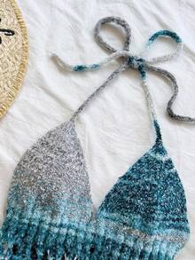 Soleia Women's Light Grey Autumn Boho Beach Holiday Vintage Colorful Gradient Yarn V-Neck Hollow Flared Mini Crochet Knitted Sweater Dress For Party,Date - Multicolor - View 4