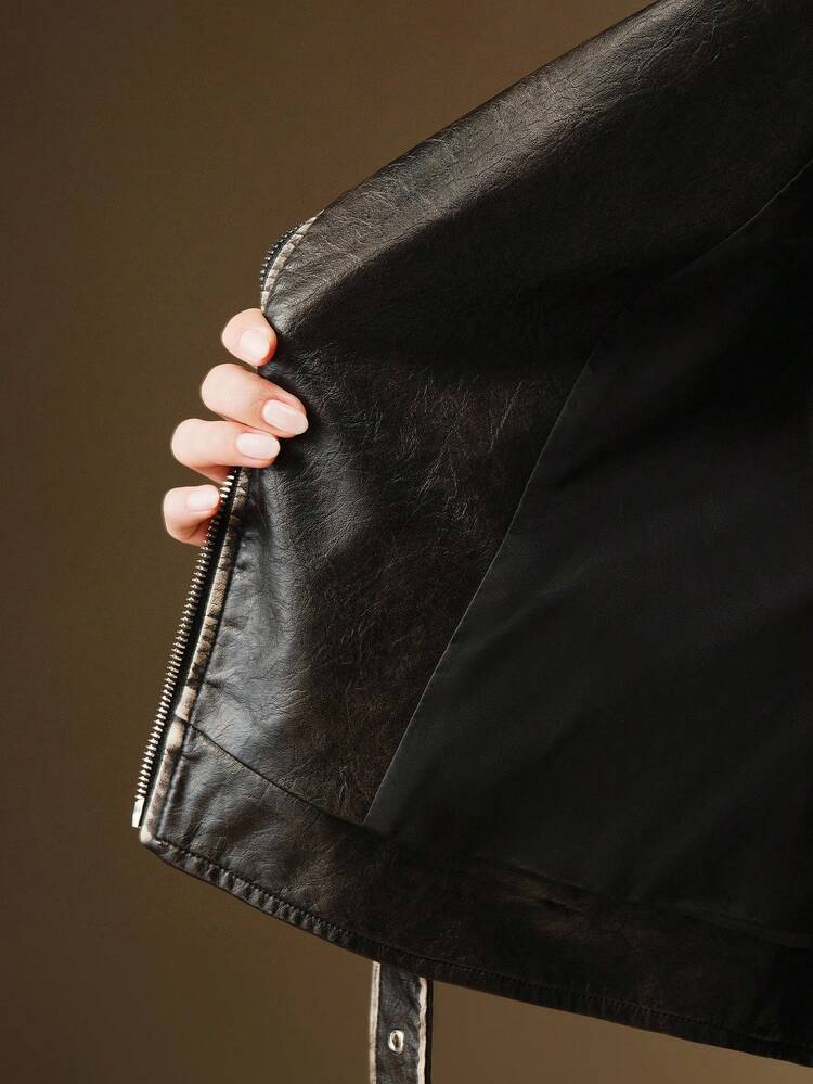 Women's Lapel NeckDrop Shoulder Zip Front Waist Snap Button Casual Moto Jacket