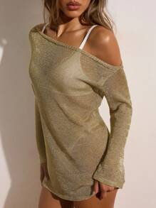 Opulessa 女士不对称领迷你针织连衣裙节日装夏季服装秋冬度假装 - 金色 - 查看 6