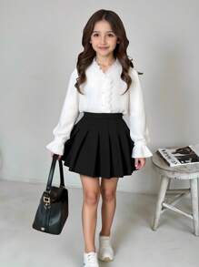 SHEIN Tween Girl Casual Elegant Fitted Stand Collar Lace Trim Button Front Puff Sleeve White Woven Blouse, Suitable For Back To School, Casual, Party And Multiple Occasions - White - View 8