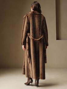 Anewsta 女士优雅翻领双色仿皮草束腰长款冬季外套 - 棕色 - 查看 7