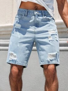 Manfinity LEGND Stylish Light Wash Distressed Denim Bermuda Shorts For Men Perfect For Relaxed Summer Boyfriend & Husband Washed Blue Loose Wide Leg For Going Out Denim Shorts