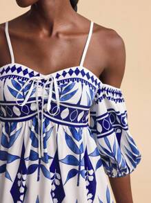 Travachic Vestido de manga larga con estampado de plantas tropicales, hombros descubiertos y mangas altas para mujeres, adecuado para vacaciones - Azul - Ver 6