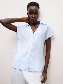 Lumivelle Elegant Blue And White Striped V-Neck Short-Sleeved Women's Summer Shirt - Blue - View 5