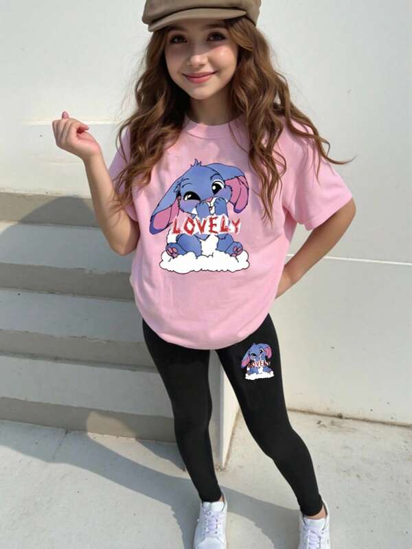 Toddler Girls' Casual Fashionable Cute Cartoon Blue Rabbit Design Letter Slogan Print T-Shirt And Leggings 2 Piece Set