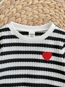 SHEIN Baby Girl Casual Contrast Striped Sweatshirt & Pants Set Toddler Striped Outfit Baby Striped Two Piece Set Knit Striped Baby Clothes Black And White Baby Set Toddler Knit Set Fall Winter