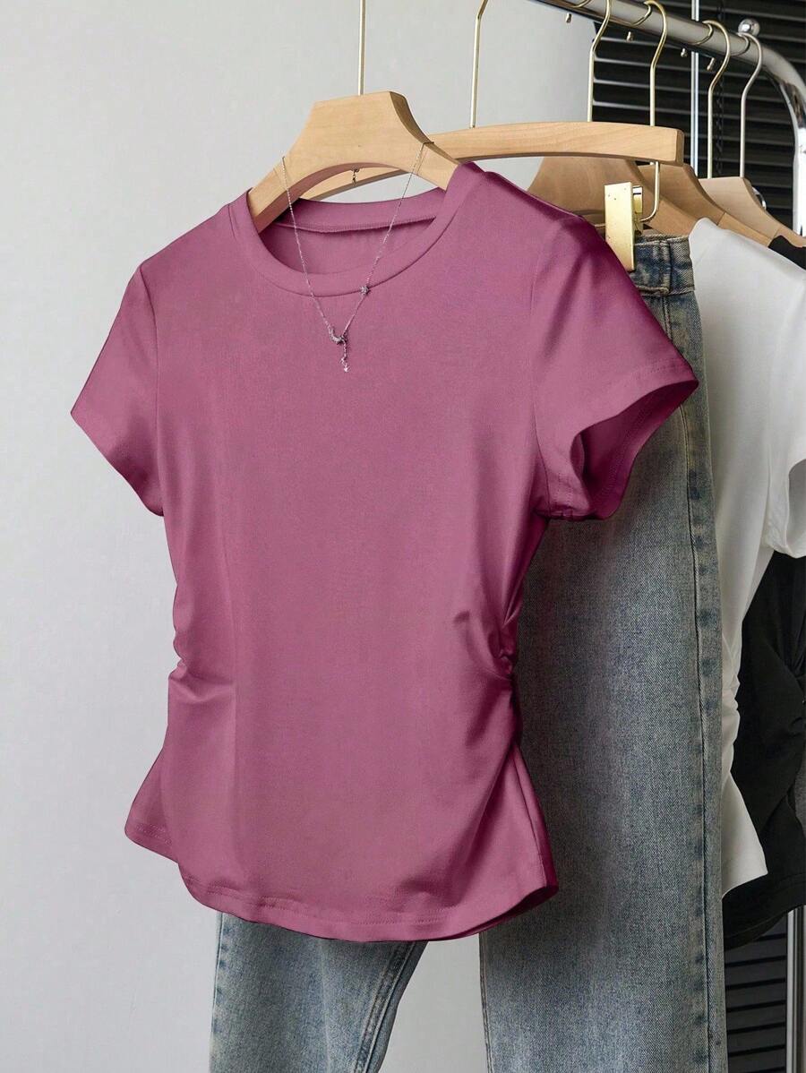 INAWLY 女式大码休闲时尚腰部收紧短袖T恤夏季 - 中紫紅色 - 查看 1