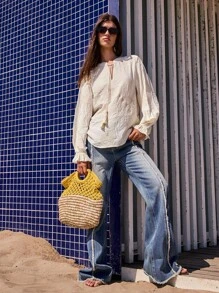 Maija Cravată cu ciucuri, decolteu rotund, textură de flori mari, brodată cu caisă, cu șnur, decolteu frontal, cu mânecă tip felinar lejeră, volane, cămașă de plajă în stil boem de toamnă pentru femei - Caisă - Vizualizare 4