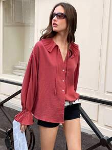 Chiquease V-Neck, Accordion Pleats, Tie-Neck Long Sleeve Blouse - Watermelon Pink - View 4