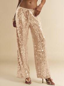 SHEIN BAE 女士低腰串珠阔腿裤，夏季海滩度假 - 杏色 - 查看 3