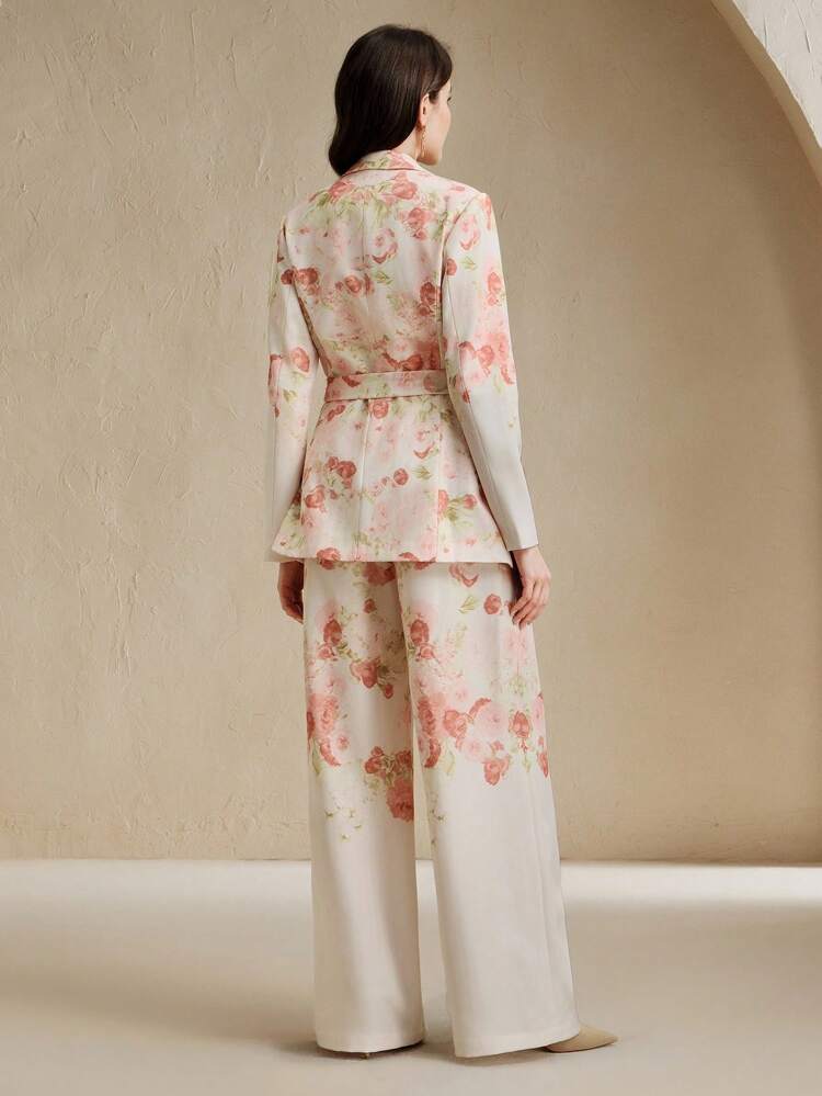 Conjunto de chaqueta y pantalones con estampado de rosas para mujer, diseño elegante y refinado de pantalones palazzo/rectos