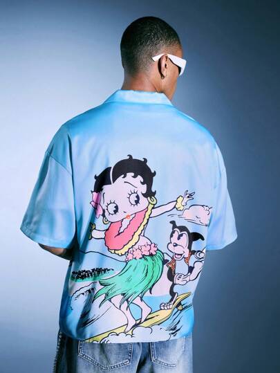 Betty Boop | ROMWE Chemise ample à imprimé dessin animé, style décontracté de vacances pour hommes, été