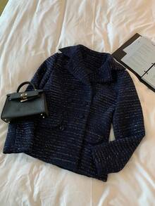 DAZY 女士优雅双排扣立领长袖修身加厚羊毛大衣秋冬夹克 - 藏蓝色 - 查看 4