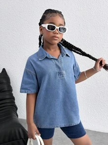 Koszula dla nastolatek w stylu vintage vintage old money w kolorze niebieskim, dżinsowa, z kołnierzykiem z klapami i zamkiem błyskawicznym, luźna, na jesień, na powrót do szkoły i na co dzień - Średni jeans - Zobacz 6