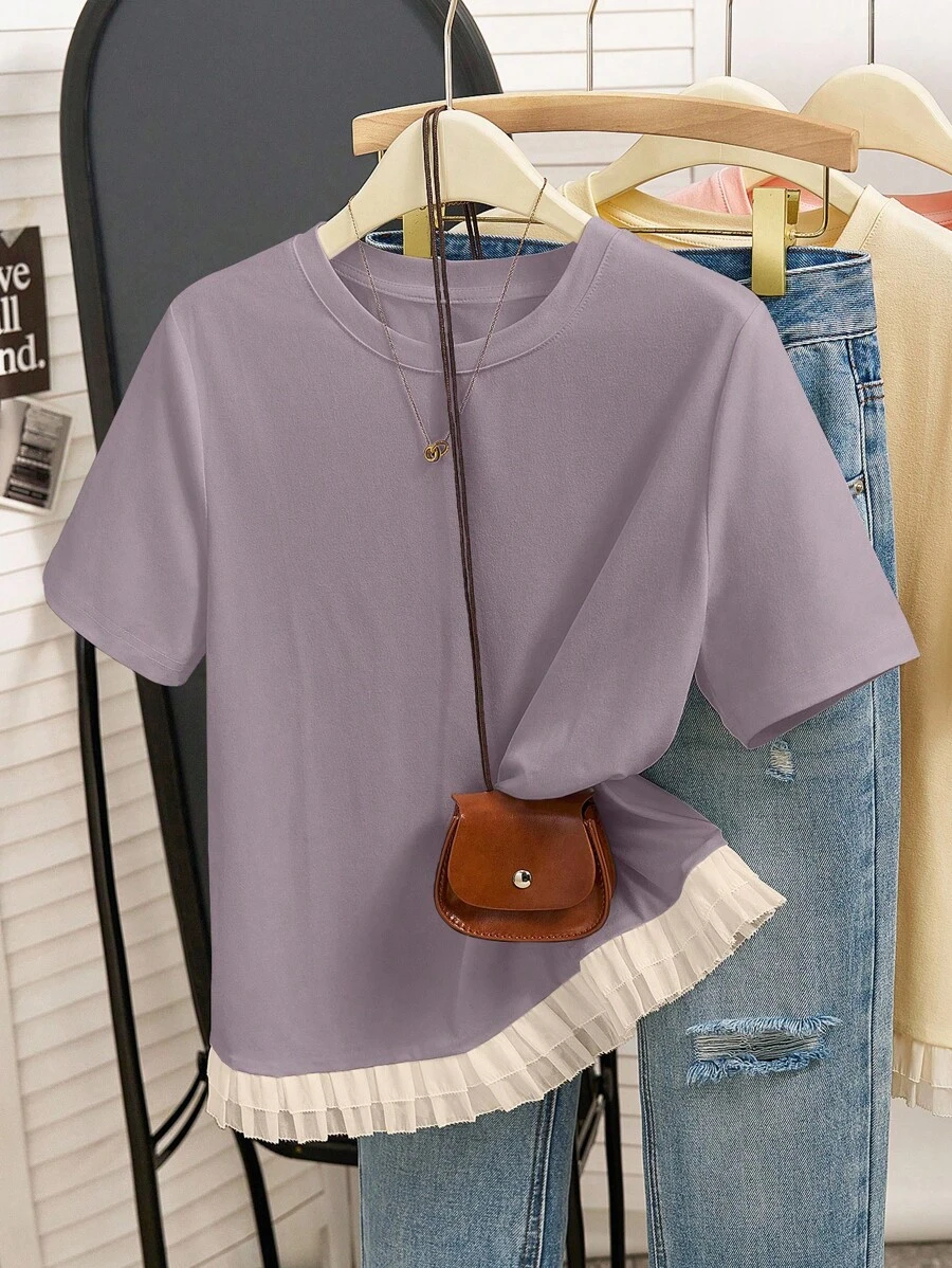 INAWLY Plus Size Women Fashion Tassel Trim T-Shirt For Summer - Purple - View 1