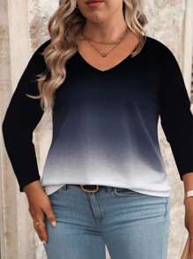 INAWLY Áo thun dệt kim mềm mại cổ chữ V dài tay in họa tiết ombre cỡ lớn dành cho nữ, áo thun họa tiết thu đông dành cho nữ mùa xuân - Nhiều màu - Xem 3