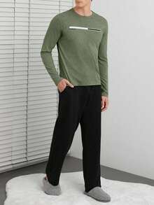 EURMUSE Conjunto de pijama con top de manga larga estampado y pantalón de unicolor para hombre - Verde militar - Ver 4