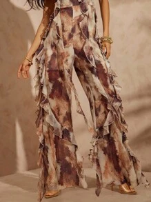 Hauture Women's Sexy Summer Vacation Full Print Layered Ruffle Trim Cross Backless Loose Wide Leg Jumpsuit