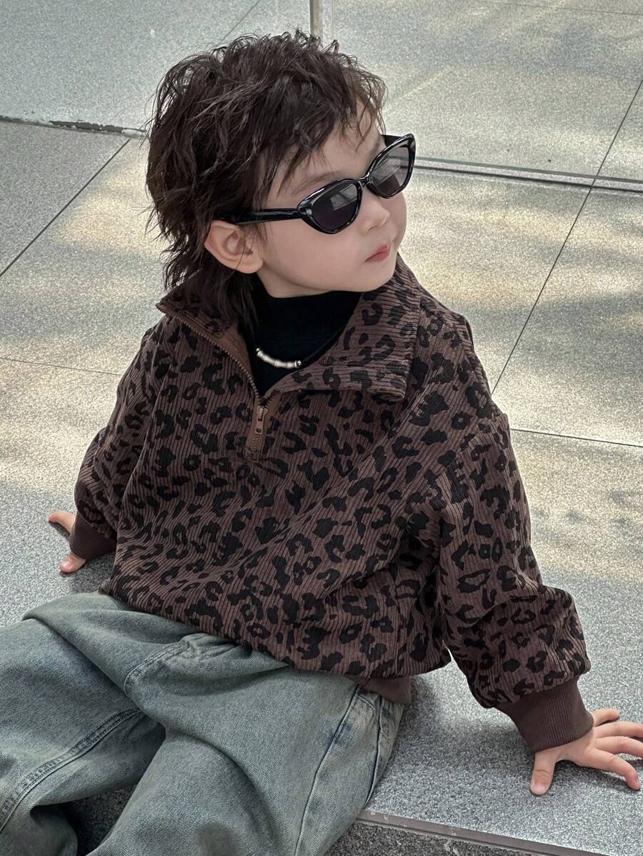 Dazy Kids Toddler Boys' Loose Fit Leopard Print Collar Sweatshirt, Casual Autumn