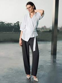 Uhlyne Women's Fashion Simple Turndown Collar Metal Detail Mid-Sleeve Casual Blouse,White Light Weight Blazer Shirt,Easy Care,Little Strech,Autumn,Minimalist,Work Wear,Teacher Outfits,Back To School,Fall ,Neutral Clothes,Business Casual,Old Money Style All White - White - View 6