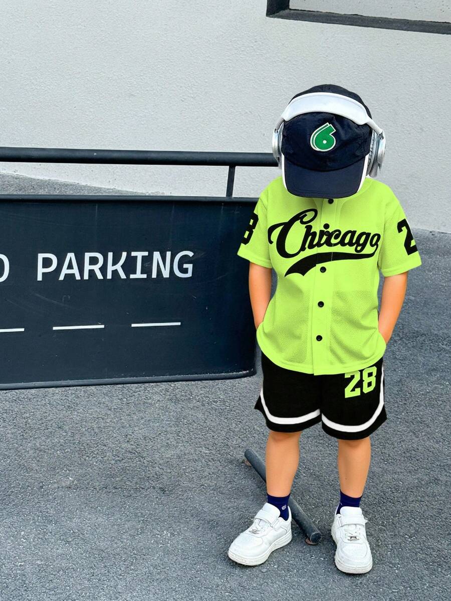 2 件装 小男孩 男孩休闲运动学院街头可爱度假字母图案开衫棒球夹克风格衬衫和短裤套装 适合儿童服装 幼儿男孩服装 返校男孩套装 适合生日派对、晚会、表演、婚礼、洗礼、开幕式 适合日常使用 适合上学 适合旅行 适合运动 适合春夏季节