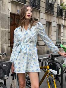 Chiquease French Style Elegant Woven V-Neck Long Sleeve Belted Waist Floral Print Women Summer New Dress Clothes For University - Multicolor - View 4