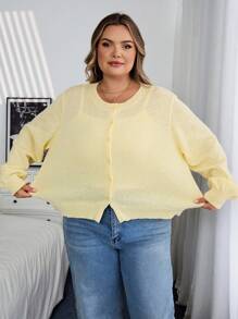SHEIN CURVE+ Curves Plus Size/Chool Clothes/Back To School Clothes /Back To SchoolCasual Solid Color Round Neck Long Sleeve Loose Cropped Plus Size Cardigan Plus Size Shrug 8xl Cardigan Plus Size Summer Yellow Cardigan 6xl Plus Size Cardigan,Fall Clothes For Womenfall Clothes For Women,Winter,CURVE PLUS Autumn