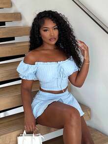 Alexandranx Beach;Summer Vacation Outfits Princess Sleeves Ruffle Holiday White Two Pieces Set - Baby Blue - View 4