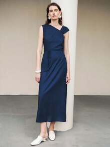 Uhlyne Vestido de verano de vacaciones en la playa para mujer, elegante y minimalista, adecuado para salidas, fiestas, bodas, ir al trabajo, de textura de algodón y lino azul marino, cintura con abertura y cordón, sin mangas, vestido de oficina, falda tipo A-line - Azul Marino - Ver 7