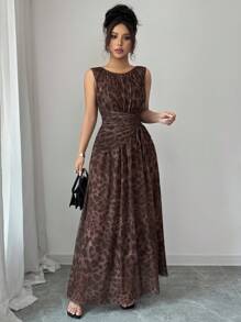 Rafferiza 女士优雅豹纹网眼圆领褶饰束腰 A 字长裙，无袖 - 咖啡 - 查看 6