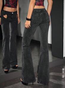 Jeanoix Women's Denim Super Low Rise Heart Cutout Flare Pants