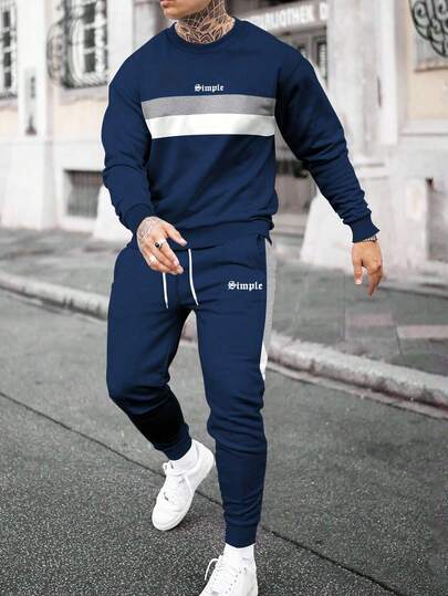 Manfinity Homme 男士字母条纹印花圆领长袖运动衫和运动裤休闲运动服男士两件套运动服两件套男士套装蓝色，秋季服装