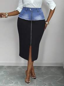SHEIN Lady Váy denim xẻ tà màu tương phản dành cho nữ cỡ lớn, thiết kế tua rua, viền xẻ, dáng suông, công sở mùa hè - Rửa trung bình - Xem 3