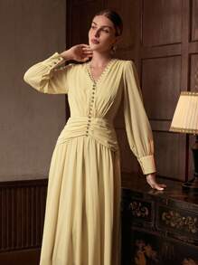 ZEYLAH Đầm dài tay cổ chữ V xếp ly eo, thanh lịch đầu thu - Màu vàng - Xem 7