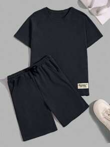 EURMUSE Men Waffle Fabric Raglan Sleeve Patched Regular T-Shirt Set - Dark Grey - View 3