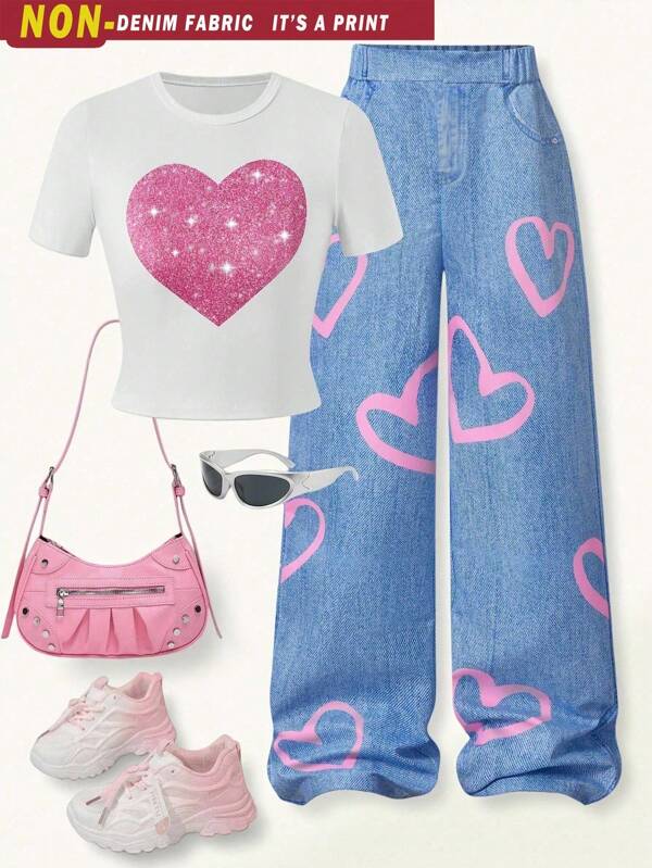 SHEIN 2pcs/Set Teen Girl Summer Casual Chic Heart Pattern T-Shirt & Heart Print Wide Leg Pants Set Spring/Summer/Autumn, Vacation & Daily Wear Youth Girls Clothes