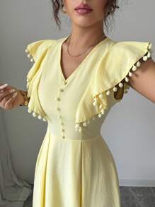 Modelyn Vestido de mujer con cuello en V estilo francés y mangas con volantes - Amarillo claro - Ver 6