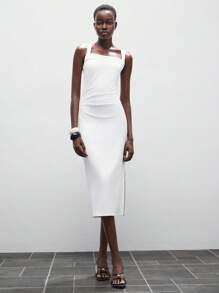 Lumivelle Sleeveless, Form-Fitting And Elegant Mid-Length Dress For Women With Swing Collar All White Summer Dress Clothes For University - White - View 3