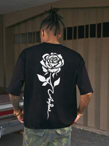 AXEPEAK Casual Rose Floral Round Neck Short Sleeve Men T-Shirt - Black - View 2