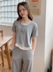 Bộ áo phông thường ngày cho bé gái tuổi teen - Xám - Xem 5