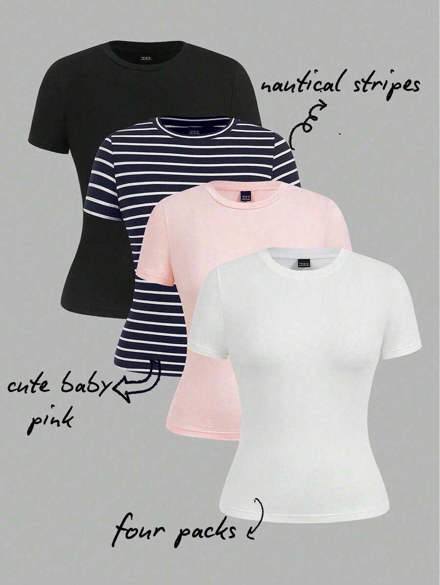 SHEIN EZwear 4 件套休闲简约基本款条纹圆领短袖 T 恤，适合春夏季、海滩、音乐节 - 彩色 - 查看 1