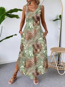 SHEIN LUNE 休闲简约绿色豹纹印花长款连衣裙，适合夏季