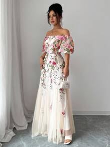 Elenzga Women Elegant Mesh Floral Print Fitted A-Line Maxi Dress Floral Formal Dress Embroidered Formal Dress Off Shoulder Formal Dress Garden Wedding Guest Dress - Multicolor - View 6