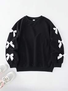 Tween Girls Casual Everyday Versatile Comfortable Round Neck Knitted Sleeve Cute Butterfly Graphic Sweatshirt - Black - View 3