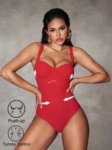 Shapewave 1pc Red Wide Strap Underwire Push Up Padded Cross Strap Back Elegant One Piece Swimsuit For Women For Summer Beach Vacation - Red - View 7