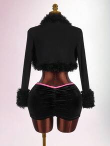 Amplova Solid Fuzzy Trim Open Front Crop Fall Clothes Women Jacket - Black - View 9