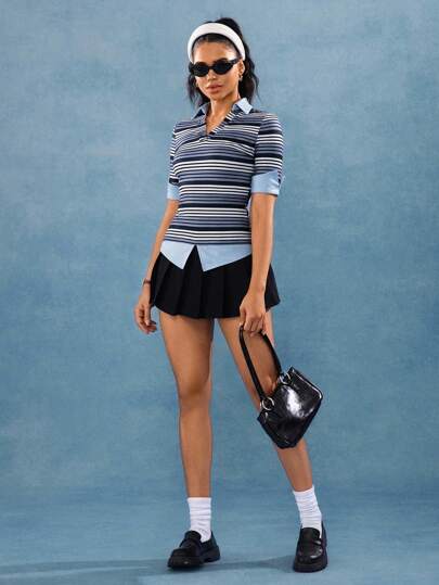 Hanevo 蓝色条纹方肩半袖时尚修身撞色二合一V领休闲上衣，夏季新品