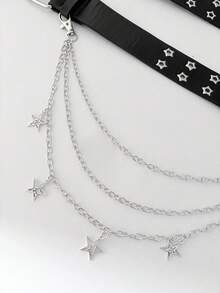 ROMWE Goth 2 件女士黑色双排五角星孔眼腰带 + 空心五角星三层链条配饰，适用于连衣裙、牛仔裤和日常穿着 - 銀色 - 查看 2