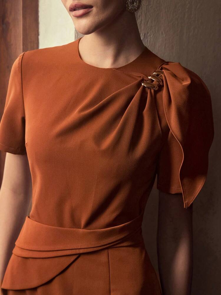 ZEYLAH ROUND NECK SHORT SLEEVE TWIST WAIST DRESS, ELEGANT EARLY AUTUMN DRESS